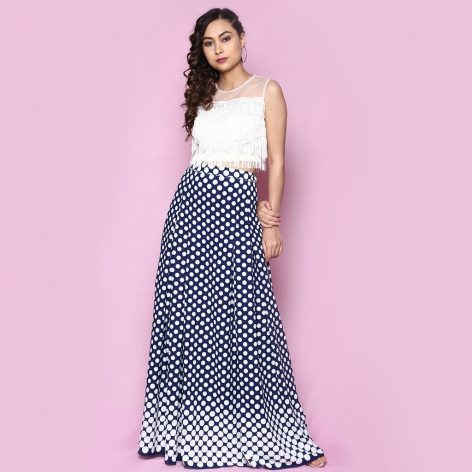 polka print long skirt and white top
